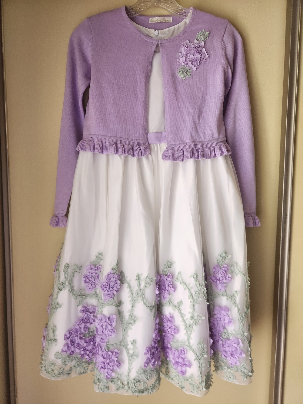 American Princess Lilac and White Floral Appliqué Dress with Lilac Cardigan